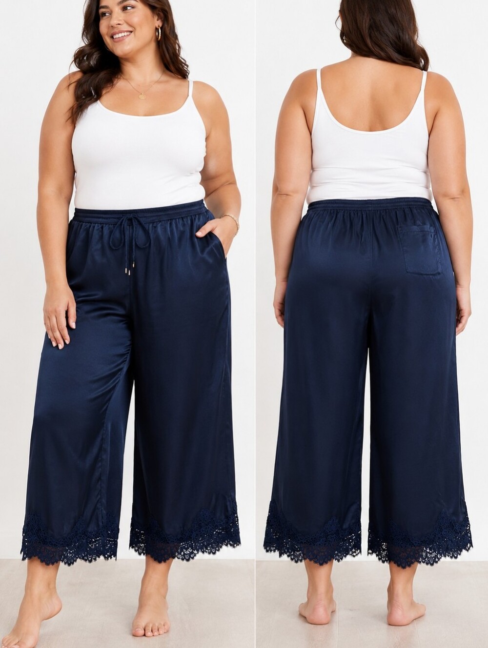 Skies Are Blue Black Satin Wide Leg Lace Hem Pants XL